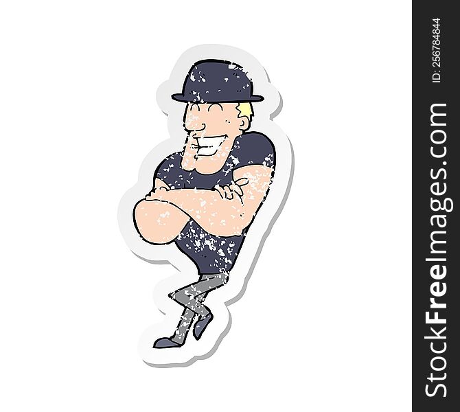 retro distressed sticker of a cartoon man wearing bowler hat