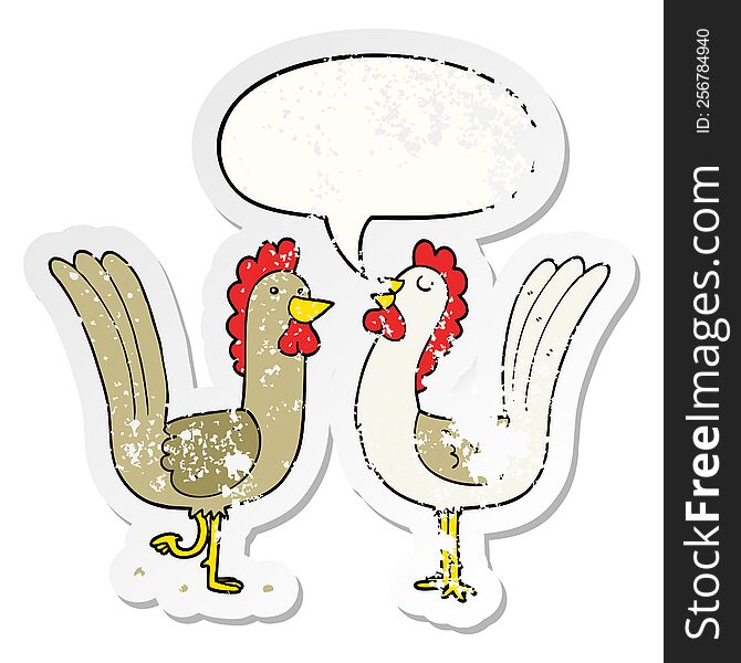 cartoon chickens with speech bubble distressed distressed old sticker. cartoon chickens with speech bubble distressed distressed old sticker