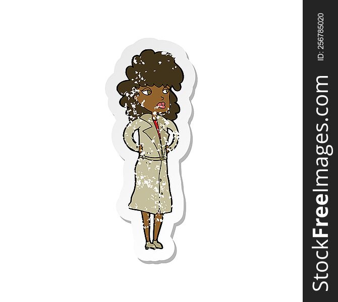 retro distressed sticker of a cartoon woman in trench coat