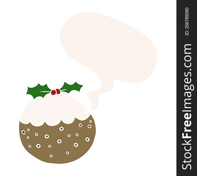 Cartoon Christmas Pudding And Speech Bubble In Retro Style