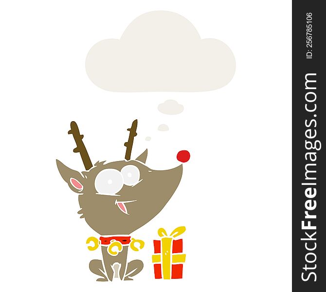 Cartoon Christmas Reindeer And Thought Bubble In Retro Style