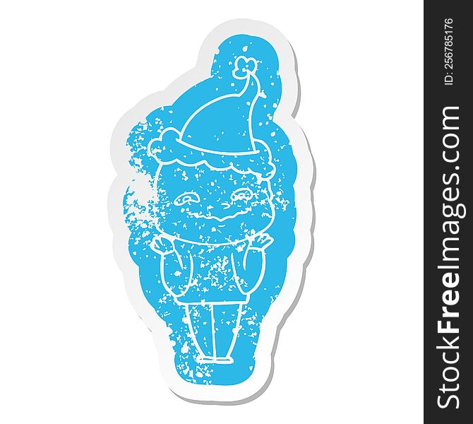 quirky cartoon distressed sticker of a creepy guy wearing santa hat