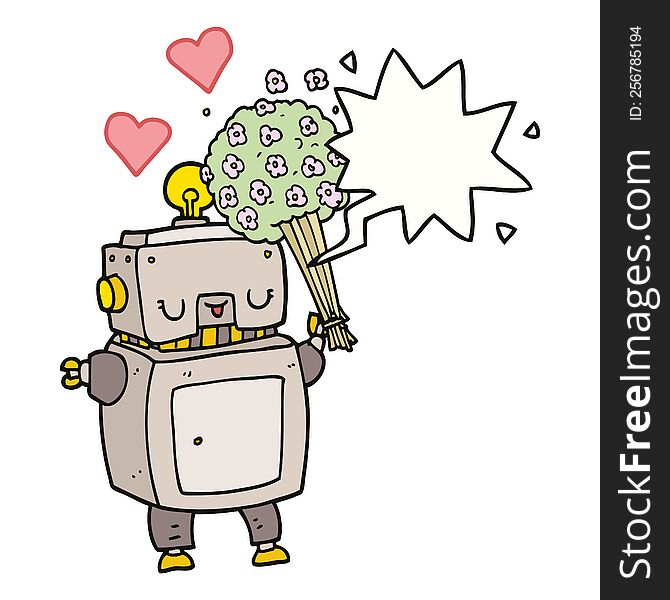 cartoon robot in love with speech bubble. cartoon robot in love with speech bubble