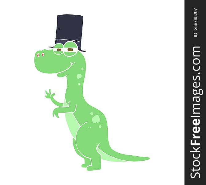 Flat Color Illustration Of A Cartoon Dinosaur Wearing Top Hat