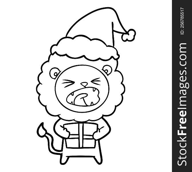 hand drawn line drawing of a lion with christmas present wearing santa hat