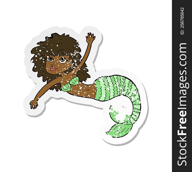 Retro Distressed Sticker Of A Cartoon Pretty Mermaid Waving
