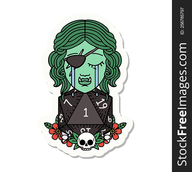 sticker of a crying half orc rogue character with natural one D20 roll. sticker of a crying half orc rogue character with natural one D20 roll