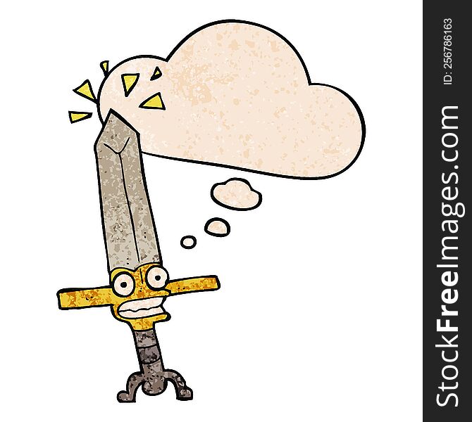 cartoon magic sword with thought bubble in grunge texture style. cartoon magic sword with thought bubble in grunge texture style
