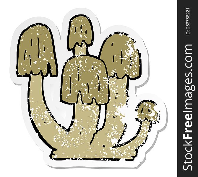 distressed sticker of a cartoon mushrooms