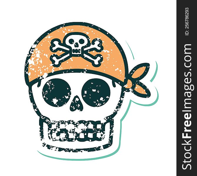 Distressed Sticker Tattoo Style Icon Of A Pirate Skull