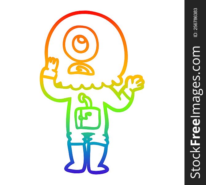 rainbow gradient line drawing of a worried cartoon cyclops alien spaceman