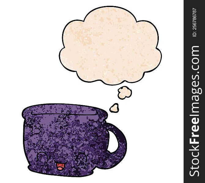 cartoon cup of coffee with thought bubble in grunge texture style. cartoon cup of coffee with thought bubble in grunge texture style