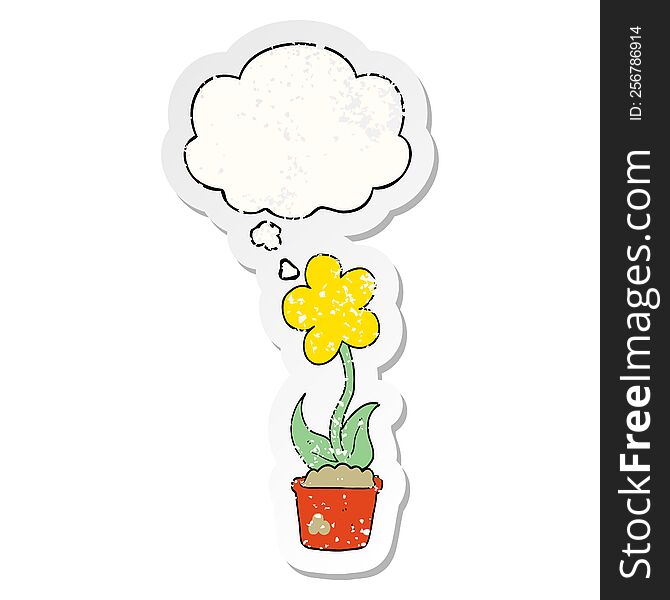 Cute Cartoon Flower And Thought Bubble As A Distressed Worn Sticker