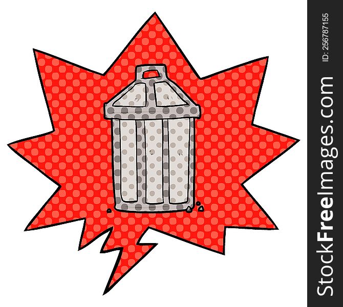 cartoon old metal garbage can with speech bubble in comic book style