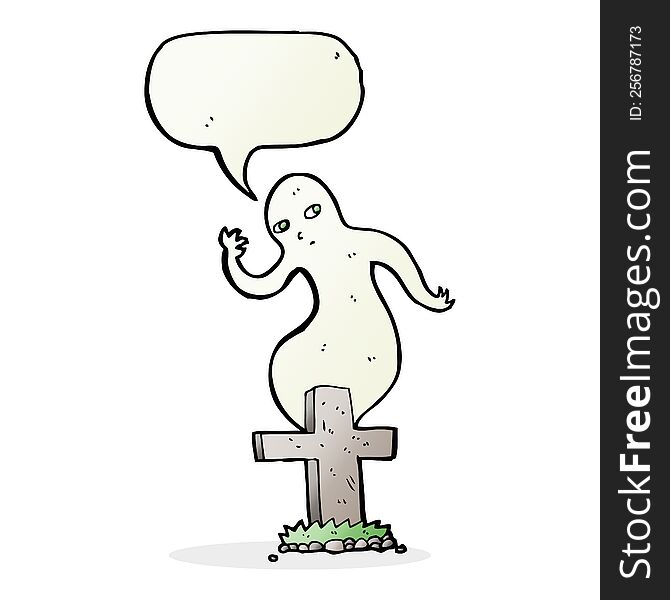 Cartoon Ghost Rising From Grave With Speech Bubble