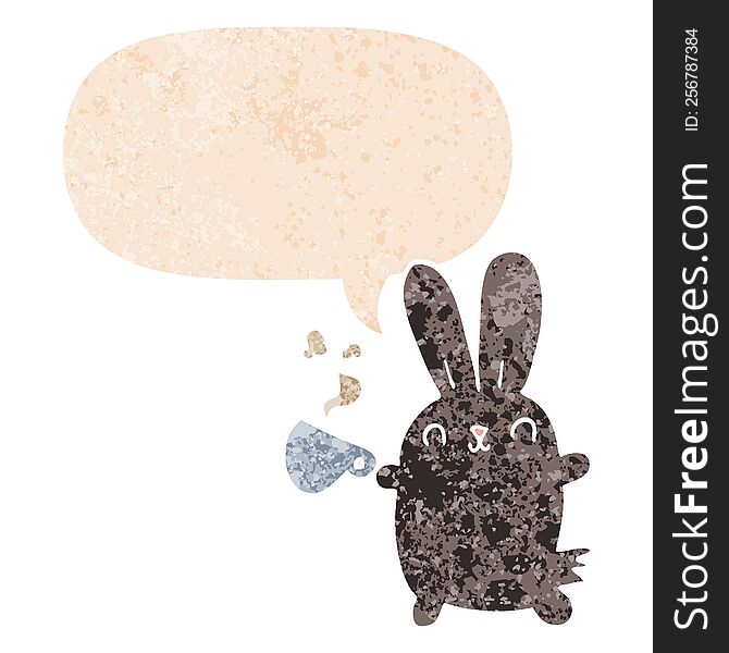cute cartoon rabbit with coffee cup with speech bubble in grunge distressed retro textured style. cute cartoon rabbit with coffee cup with speech bubble in grunge distressed retro textured style
