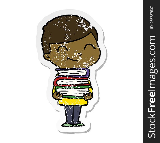 distressed sticker of a cartoon boy with books smiling
