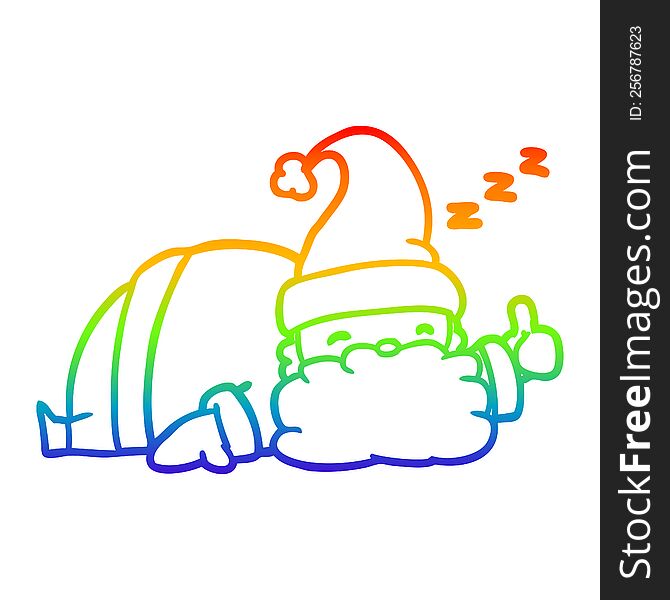 rainbow gradient line drawing of a sleepy santa giving thumbs up symbol