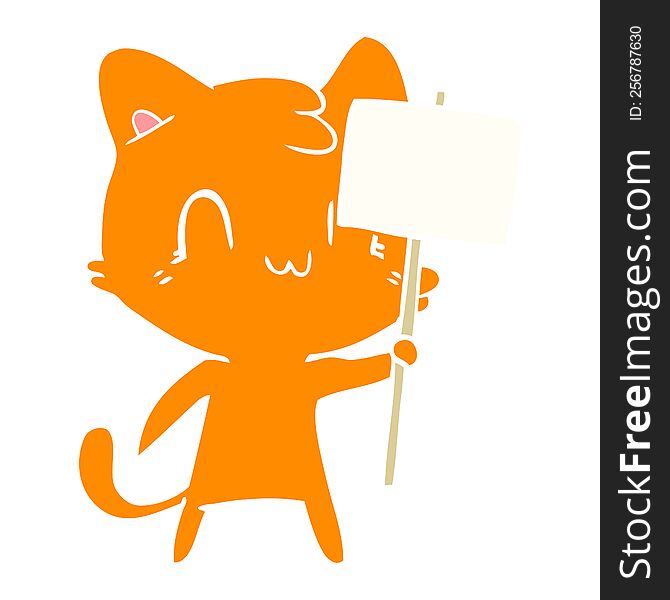 flat color style cartoon happy cat with blank sign