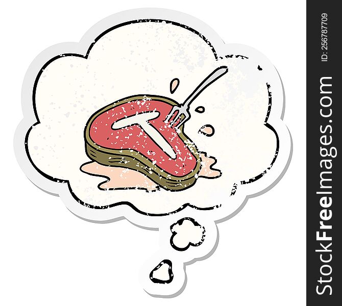 cartoon steak with thought bubble as a distressed worn sticker