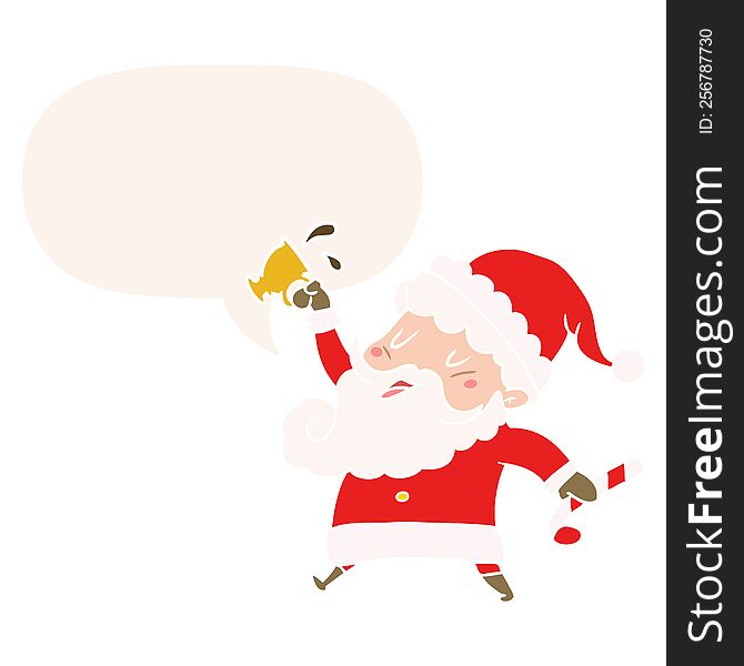 Cartoon Santa Claus And Hot Cocoa And Speech Bubble In Retro Style