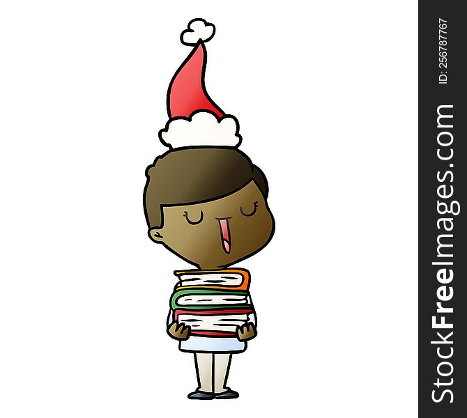 hand drawn gradient cartoon of a happy boy with stack of books wearing santa hat