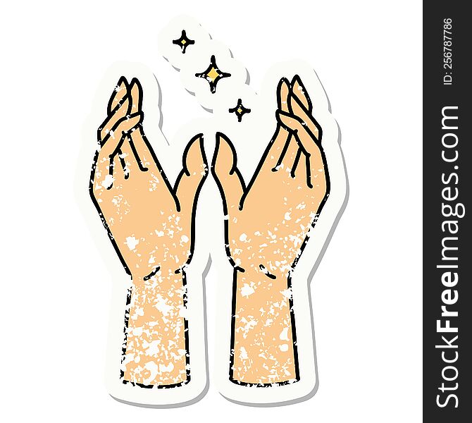 Traditional Distressed Sticker Tattoo Of Reaching Hands