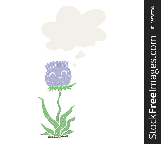 cartoon thistle with thought bubble in retro style