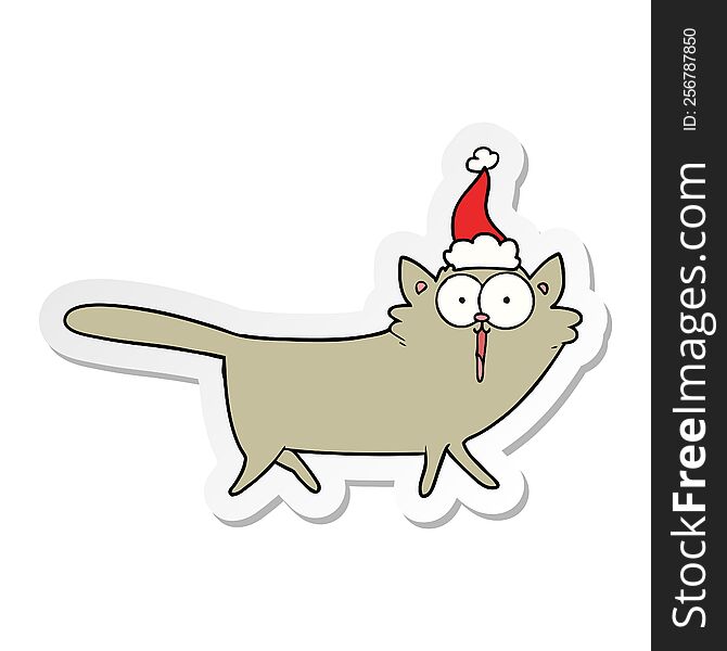 Sticker Cartoon Of A Cat Wearing Santa Hat