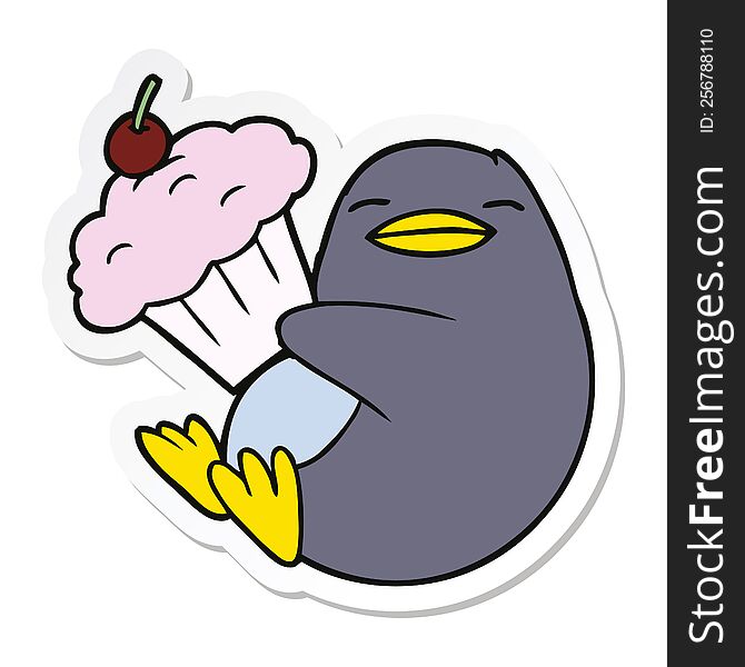 Sticker Of A Cartoon Penguin With Cupcake