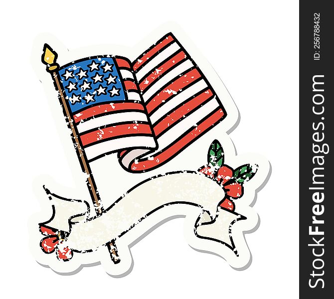 Grunge Sticker With Banner Of The American Flag