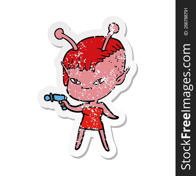Distressed Sticker Of A Cute Cartoon Alien Girl