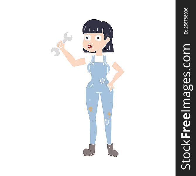 Flat Color Illustration Of A Cartoon Mechanic Woman