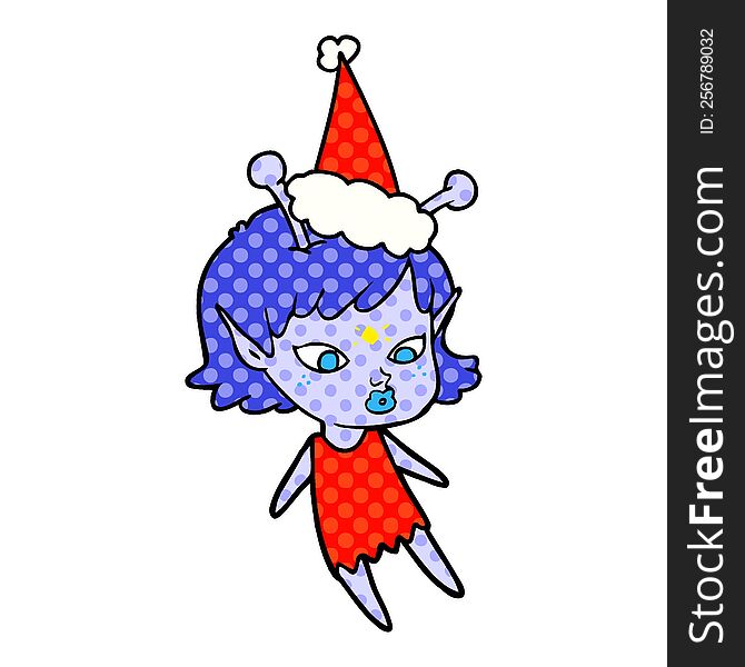 pretty hand drawn comic book style illustration of a alien girl wearing santa hat
