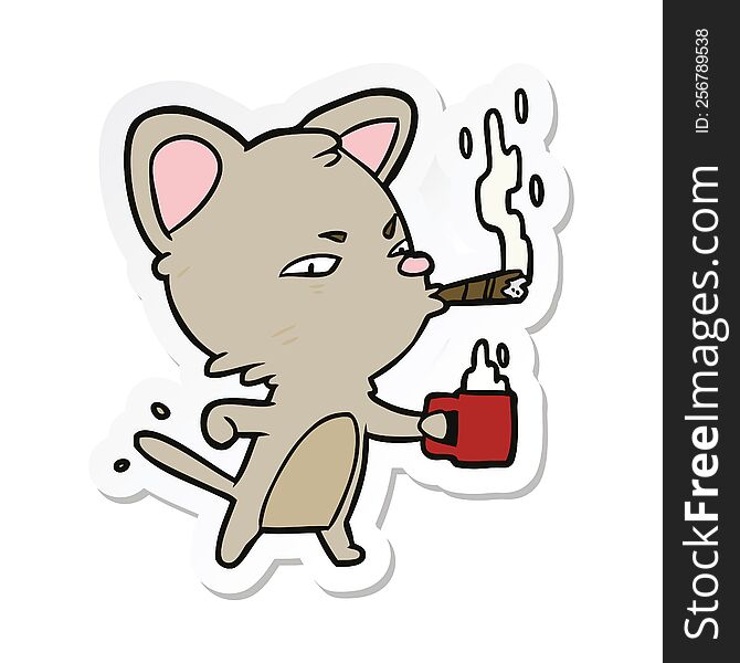 sticker of a cartoon cat with coffee and cigar