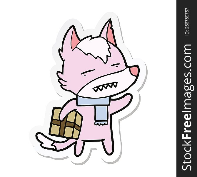 sticker of a cartoon wolf with a gift