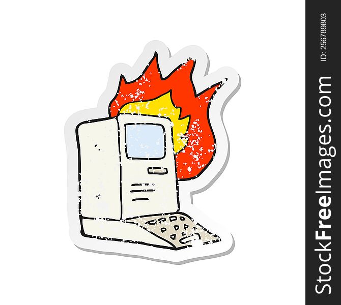 retro distressed sticker of a cartoon old computer on fire