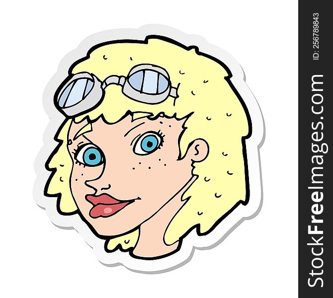 sticker of a cartoon happy woman wearing aviator goggles