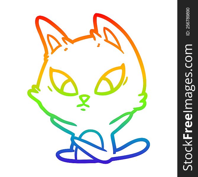 rainbow gradient line drawing of a confused cartoon cat sitting
