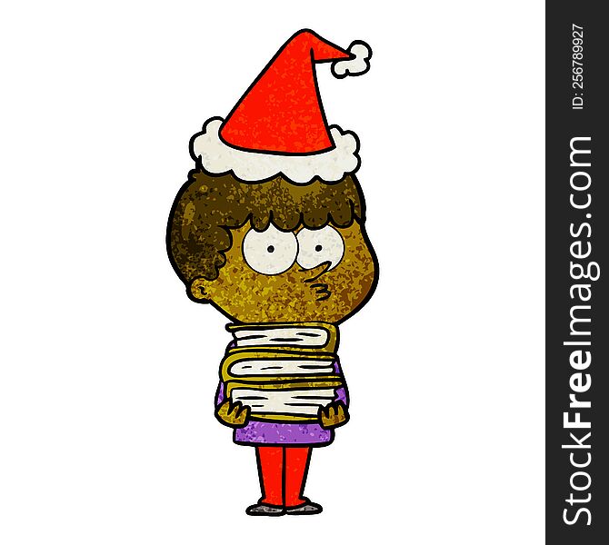 textured cartoon of a curious boy with lots of books wearing santa hat