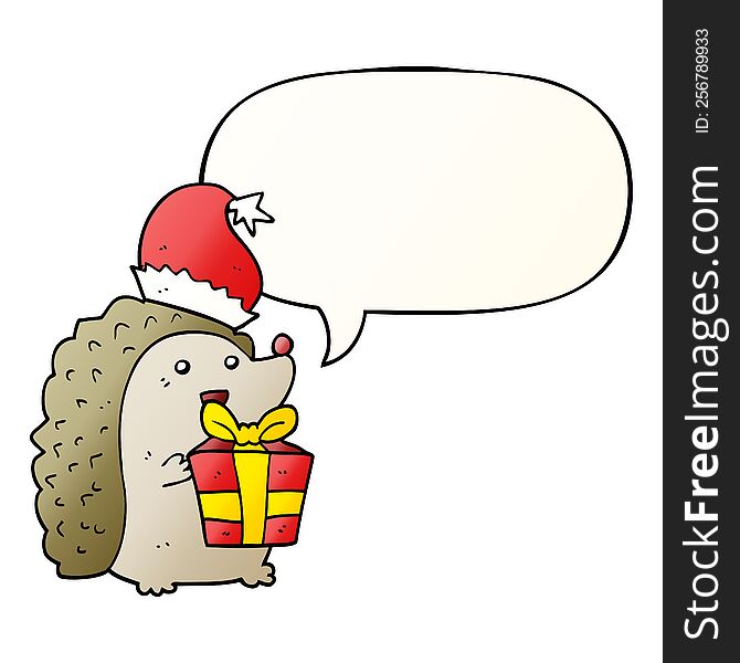 Cartoon Hedgehog Wearing Christmas Hat And Speech Bubble In Smooth Gradient Style