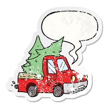 Cartoon Pickup Truck Carrying Christmas Trees And Speech Bubble Distressed Sticker Royalty Free Stock Images
