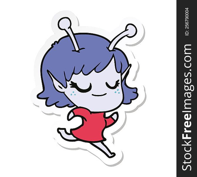 sticker of a smiling alien girl cartoon running