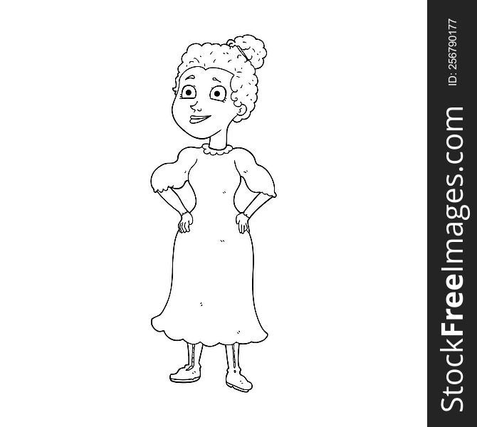 freehand drawn black and white cartoon victorian woman in dress