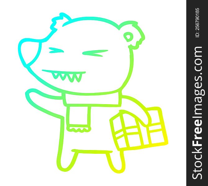 Cold Gradient Line Drawing Cartoon Angry Polar Bear With Xmas Present