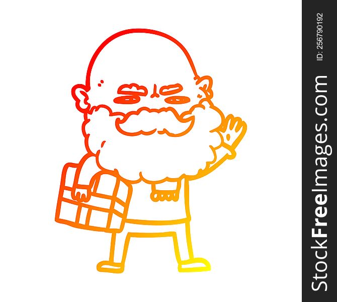 warm gradient line drawing of a cartoon man with beard frowning with xmas gift