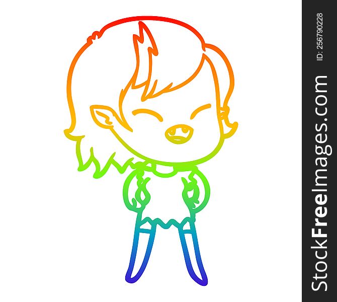 rainbow gradient line drawing of a cartoon laughing vampire girl