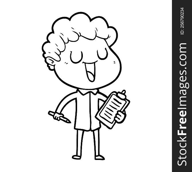 laughing cartoon man with clipboard and pen. laughing cartoon man with clipboard and pen