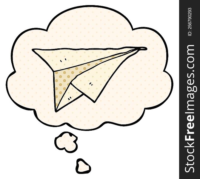 cartoon paper airplane with thought bubble in comic book style