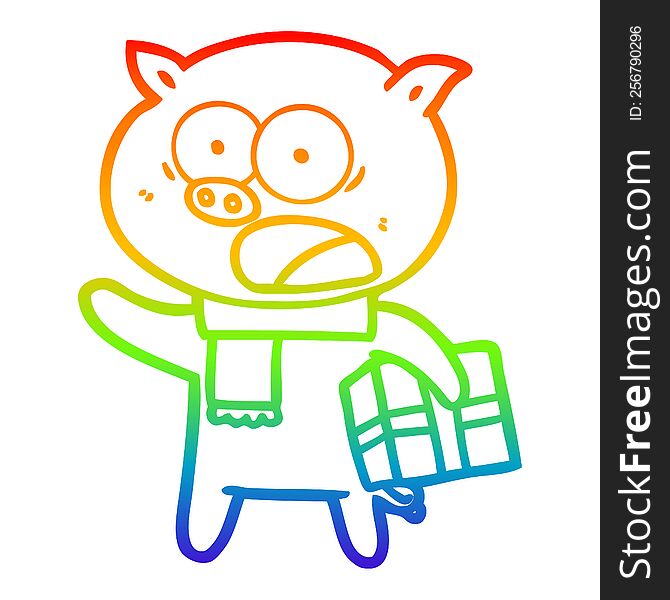 Rainbow Gradient Line Drawing Cartoon Pig With Christmas Present